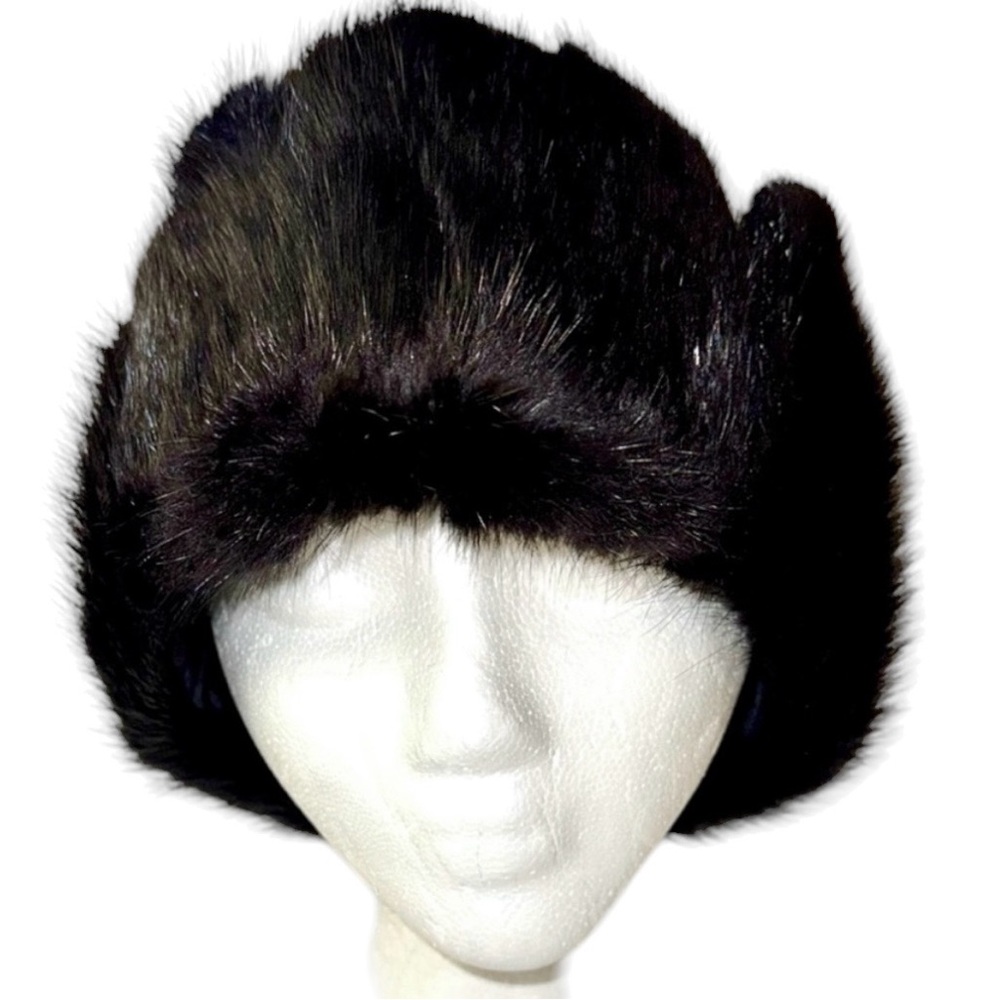 LIKE NEW! Vintage Crown Cap Black Muskrat Fur Navy Blue Trapper’s Hat